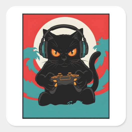 Grappige gamer kat retro controller hoofdtelefoon vierkante sticker (Voorkant)