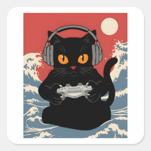 Grappige gamer kat retro controller hoofdtelefoon vierkante sticker