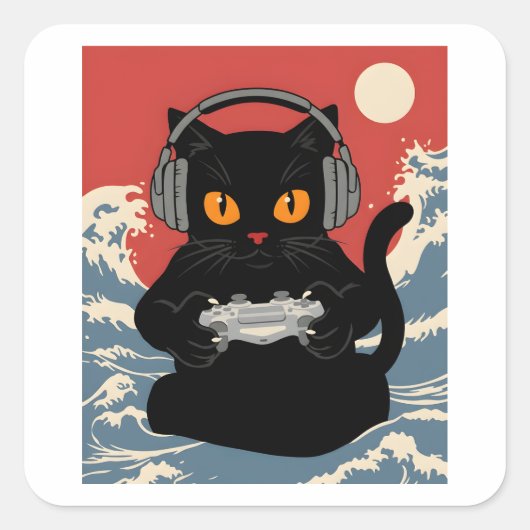 Grappige gamer kat retro controller hoofdtelefoon vierkante sticker (Voorkant)