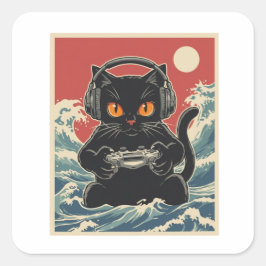 Grappige Gamer Kat Retro Controller Koptelefoon Na Vierkante Sticker