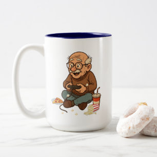 Grappige Gamer Opa Pizza & Popcorn Cartoon Tweekleurige Koffiemok