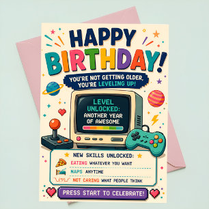 Grappige gamer verjaardagskaart retro arcade level kaart