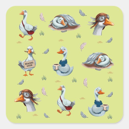 Grappige Ganzen Patroon – Whimsical Gans Print Vierkante Sticker (Voorkant)