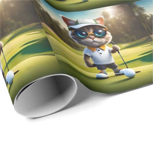 Grappige geanimeerde kat golfspeler, cadeaupapier (Rol Hoek)