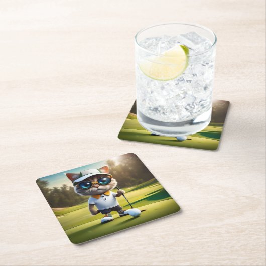 Grappige geanimeerde kat golfspeler, kartonnen onderzetters (Insitu)