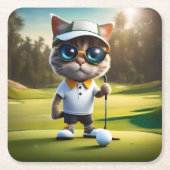 Grappige geanimeerde kat golfspeler, kartonnen onderzetters (Voorkant)