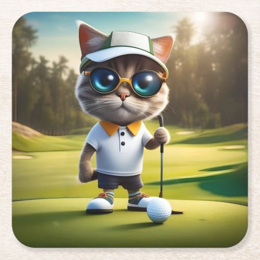 Grappige geanimeerde kat golfspeler, kartonnen onderzetters (Voorkant)