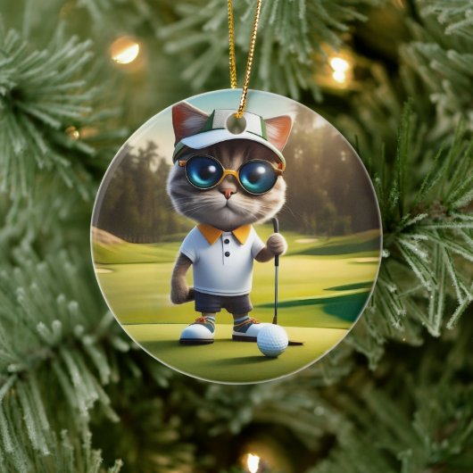 Grappige geanimeerde kat golfspeler, keramisch ornament (Boom)