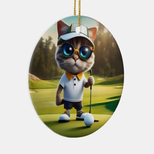 Grappige geanimeerde kat golfspeler, keramisch ornament (Rechts)