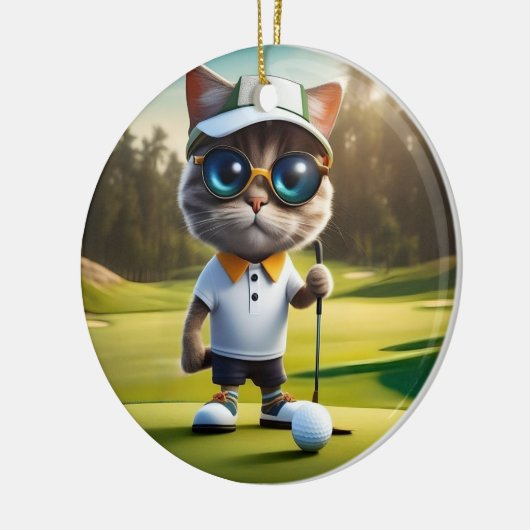 Grappige geanimeerde kat golfspeler, keramisch ornament (Links)
