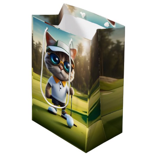 Grappige geanimeerde kat golfspeler, medium cadeauzakje (Voorkant Gekanteld)