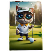Grappige geanimeerde kat golfspeler, medium cadeauzakje (Voorkant)