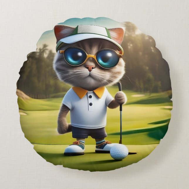 Grappige geanimeerde kat golfspeler, rond kussen (Voorkant)