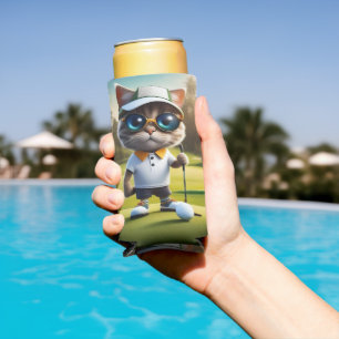 Grappige geanimeerde kat golfspeler, seltzer blikjeskoeler