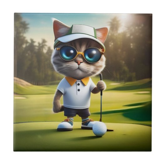 Grappige geanimeerde kat golfspeler, tegeltje (Voorkant)