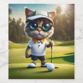 Grappige geanimeerde kat golfspeler, wijn etiket (Enkel label)