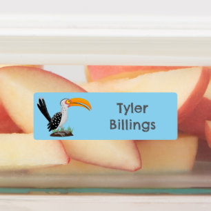 Grappige geel gefactureerde hornbill cartoon geper labels