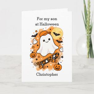 Grappige Geest en Skateboard Halloween Zoon Kaart