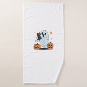 Grappige Geest met een Zwarte Kat Luie Halloween S Badhanddoek
