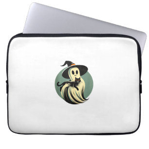 Grappige Geest met een Zwarte Kat Luie Halloween S Laptop Sleeve