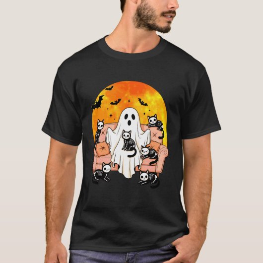 Grappige Geest met Skelet Katten Röntgen Halloween T-shirt (Voorkant)