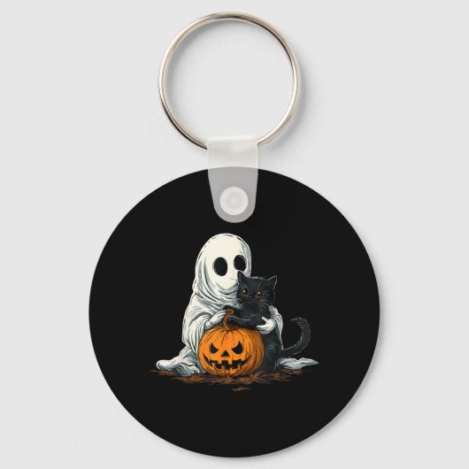 Grappige Geest Met Zwarte Kat En Jack O Lantern Sleutelhanger (Voorkant)