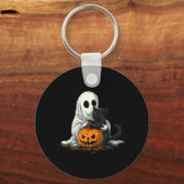 Grappige Geest Met Zwarte Kat En Jack O Lantern Sleutelhanger (Voorkant)