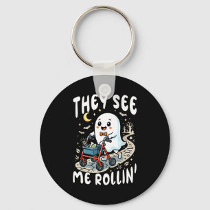 Grappige geest ziet rollen fysiotherapie halloween sleutelhanger