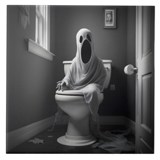Grappige geest zitten in toilet tegeltje (Voorkant)