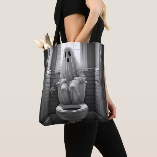 Grappige geest zitten in toilet tote bag (Dichtbij)
