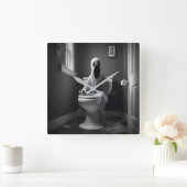 Grappige geest zittend op toilet vierkante klok (Huis)