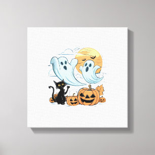 Grappige Geest & Zwarte Kat Lui Halloween Griezeli Canvas Afdruk