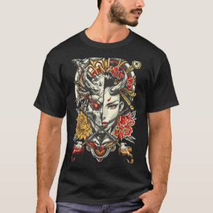 Grappige Geisha En Demon Japanse Bloemen Cherry Bl T-shirt