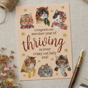 Grappige Gekke Kattenvrouw Tijdperk Kleurrijke Gel Briefkaart