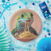 Grappige gekko eten spaghetti papieren bordje (Feest)