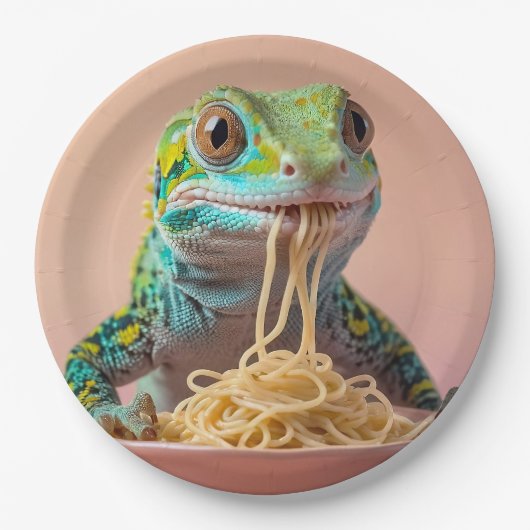 Grappige gekko eten spaghetti papieren bordje (Voorkant)