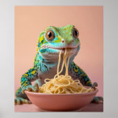 Grappige gekko eten spaghetti poster (Voorkant)