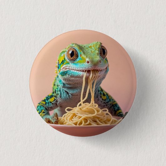 Grappige gekko eten spaghetti ronde button 3,2 cm (Voorkant)