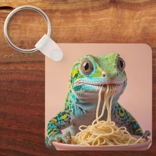 Grappige gekko eten spaghetti sleutelhanger (Voorkant)