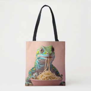 Grappige gekko eten spaghetti tote bag