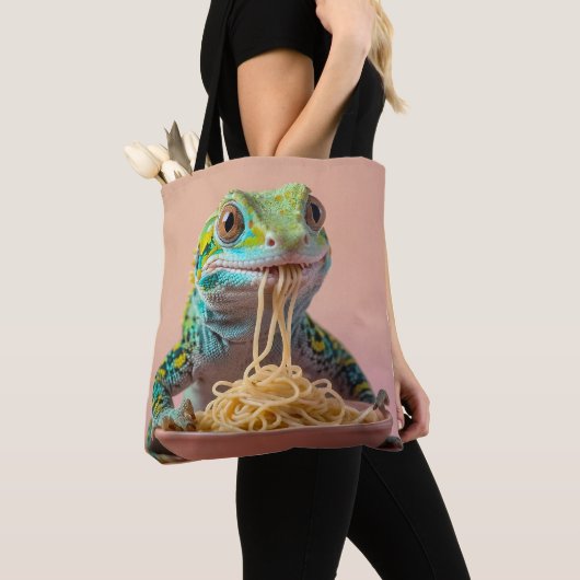 Grappige gekko eten spaghetti tote bag (Dichtbij)