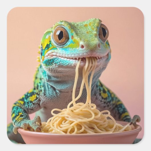 Grappige gekko eten spaghetti vierkante sticker (Voorkant)