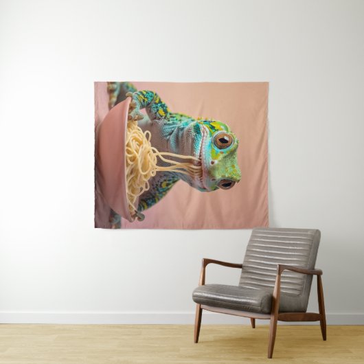 Grappige gekko eten spaghetti wandkleed (In Situ (horizontaal))