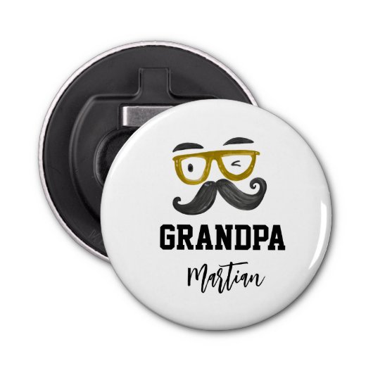Grappige gele klassen en snor Custom Grandpa Button Flesopener (Voorkant)