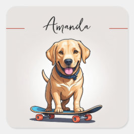 Grappige gele labrador op skateboard vierkante sticker