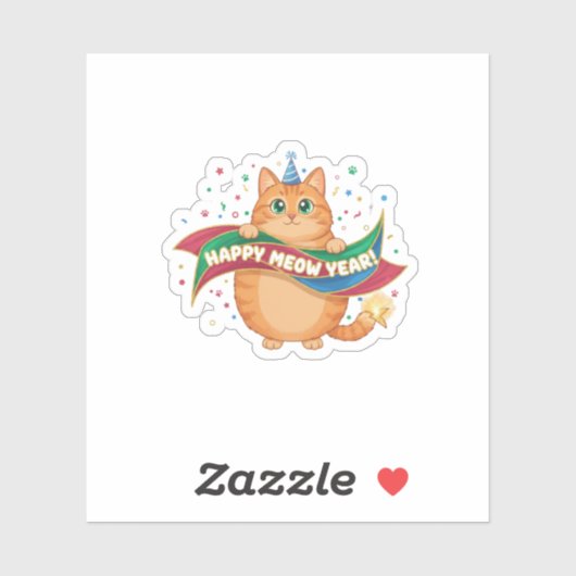 Grappige "Gelukkig Meow Jaar" Kat Puns Feestelijke Sticker (Vel)