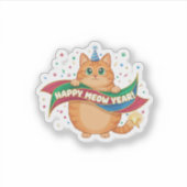 Grappige "Gelukkig Meow Jaar" Kat Puns Feestelijke Sticker (Voorkant)