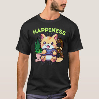 Grappige Gelukkige Gamer Kat Planten Gamen & Donut T-shirt