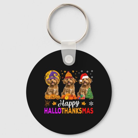 Grappige Gelukkige Hallothanksmas Poodle Hond Hall Sleutelhanger (Voorkant)