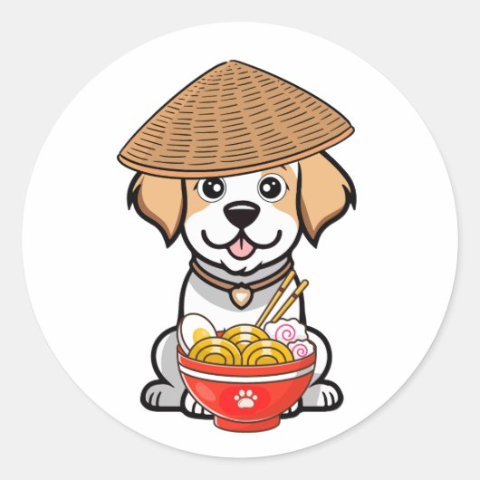 Grappige gelukkige hond eet noedels ronde sticker (Voorkant)